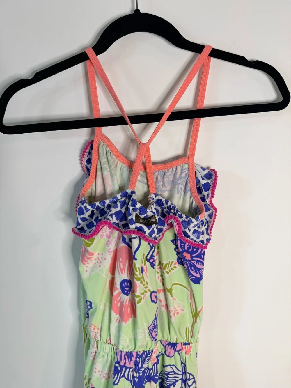 Matilda Jane Mint Floral Romper with Pink Straps and Purple Trim
